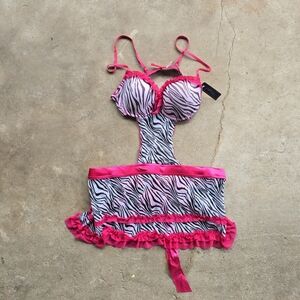 VTG Y2k Zebra Print Mesh Maid Lace Lingerie 36B